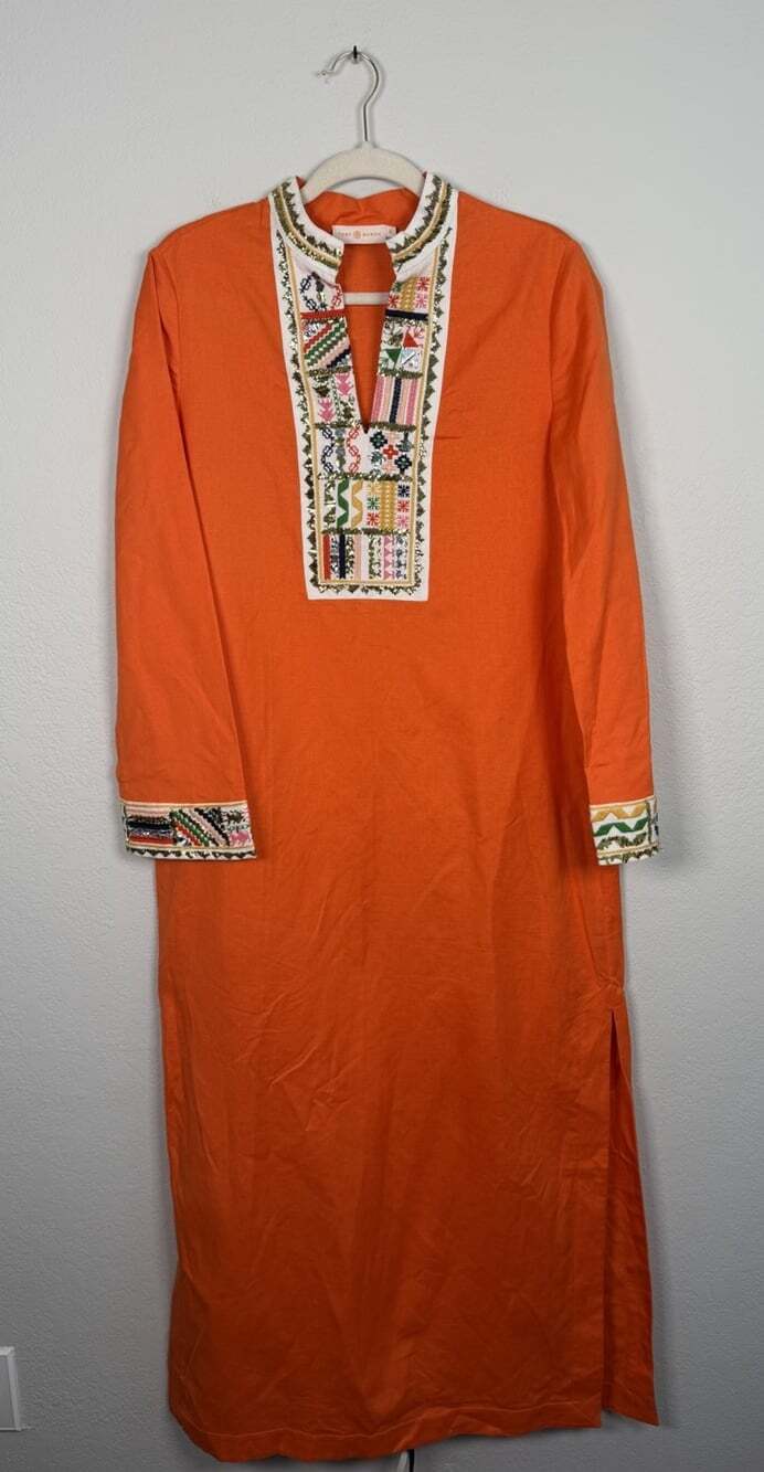 Tory Burch embellished Linen tunic Caftan Dress Tangerine Orange size 10 Resort